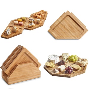แผ่นจิ๊กซอว์พร้อมขาตั้งโชว์,เขียงไม้ไผ่ธรรมชาติไม้และเขียงสำหรับเสิร์ฟเนื้อ4ถาดสำหรับรองแก้วต่อกัน - Product Image 1