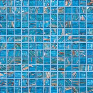 Mosaico de vidrio para piscina azul con línea de oro color azulejos de mosaico de vidrio