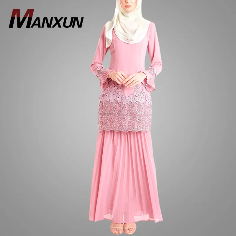 Nuovo Modo di Disegno Modello Baju Kurung Moderna Musulmano Vestiti Lunghi Per Le Signore Eleganti Perline Rosa Baju Kurung E Kebaya