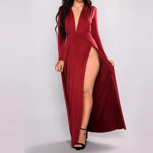 Deep V Neck Long Sleeve Maxi Dress Split Prom Maxi Dress High Side Double High Slit Long Evening Party Dress