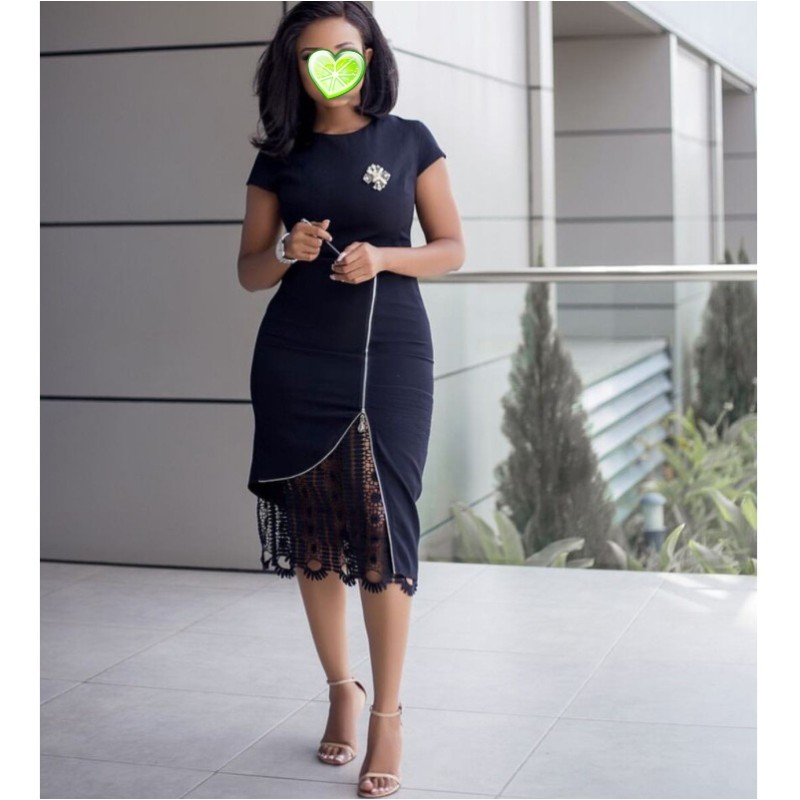 YSMARKET Navy Midi Bodycon Dress - Elegant & Anti-wrinkle