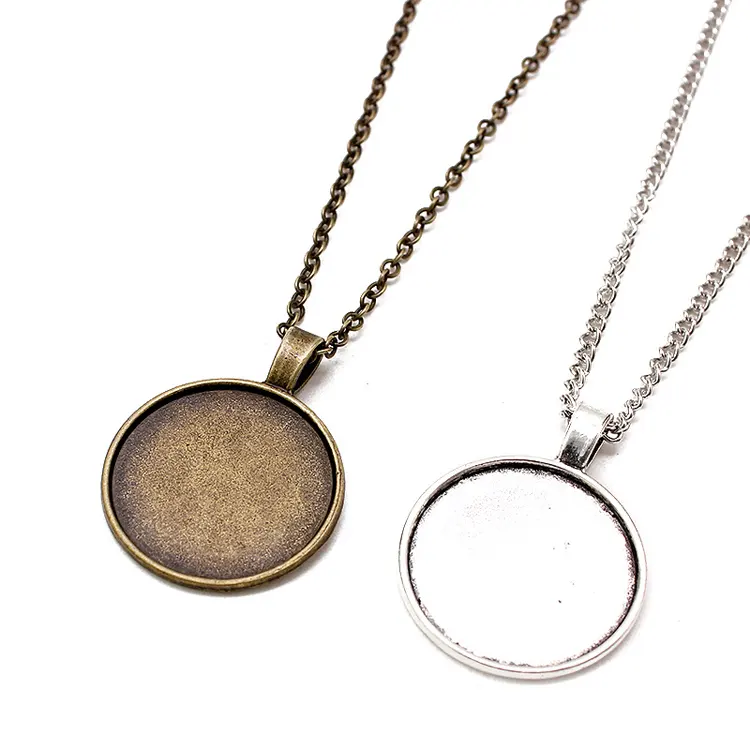 25mm Vintage de oro de plata de cadena larga de Metal de bronce de fondo redondo círculo encanto componentes colgante, collar de la joyería para las mujeres