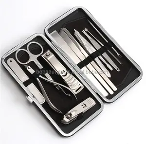 Professional 13 in 1 Multifunctional Stainless Steel Pedicure Manicure Kit Nail Clippers Grooming Set with Black Leather Case