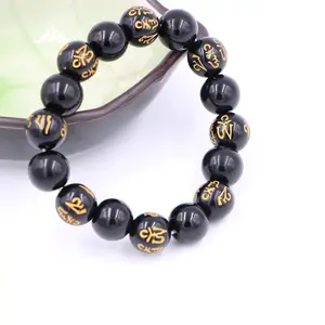 Mode Natürliche Schwarze Stein Hohe Qualität Buddhistischen Gebet Perlen Armbänder Tibet Geschnitzte Wörter Buddha Barmherzigkeit Armband männer schmuck