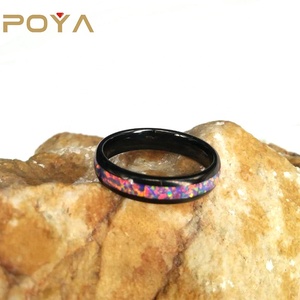 POYA Dei Monili 4 millimetri Cupola Intarsiato con Opale di Fuoco Anello di Tungsteno Nero - Product Image 5