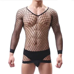 black long sleeve nylon spandex man body stocking bodystocking dress open crotch lingerie