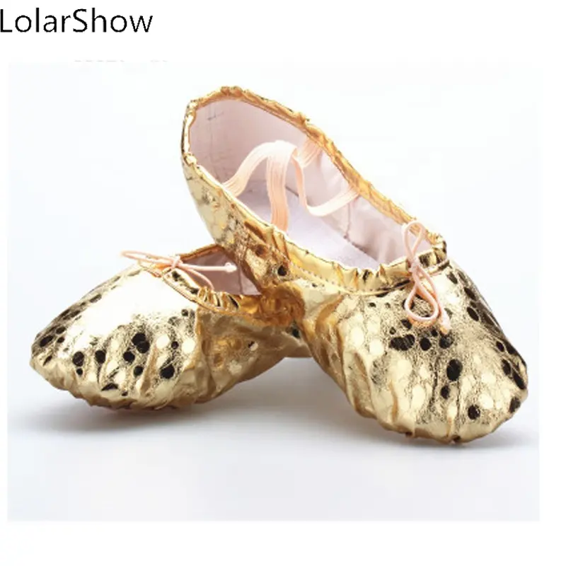 Girl Dance Ballet Shoes Breathable Sequins PU Performance Shoes Silver Gold Soft-soled Female Ballet Shoes