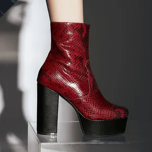 WETKISS Italian Style Snakeskin Leather Boot Winter Russian Women Ladies Ankle Boots Fashion Block High Heels Boots for Women