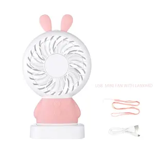 Cute Rabbit bear fan Handheld rechargeable mini usb cooling desk stand fan bunny fan with lanyard