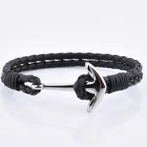 Hot Products 316L Stainless Steel Anchor Nautical Rope Leather Charm Bracelet