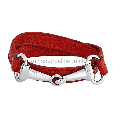 Wholesale Stainless Steel Red Leather Horses Bit Equestrian Bracelet