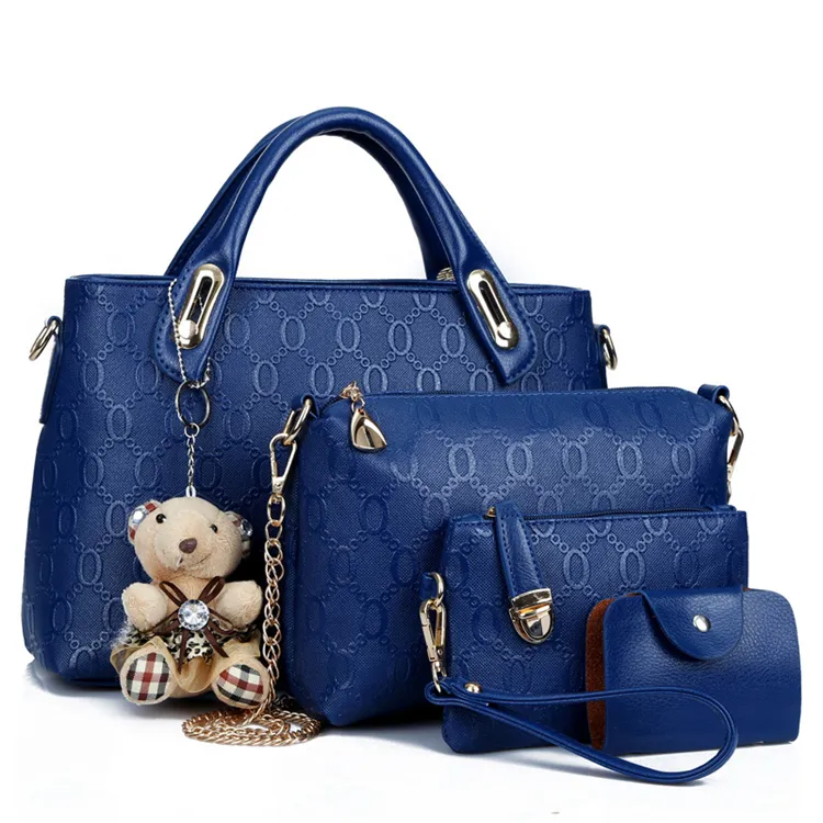 blue latest woman pu leather ladies bags handbag and wallet set 4 in 1