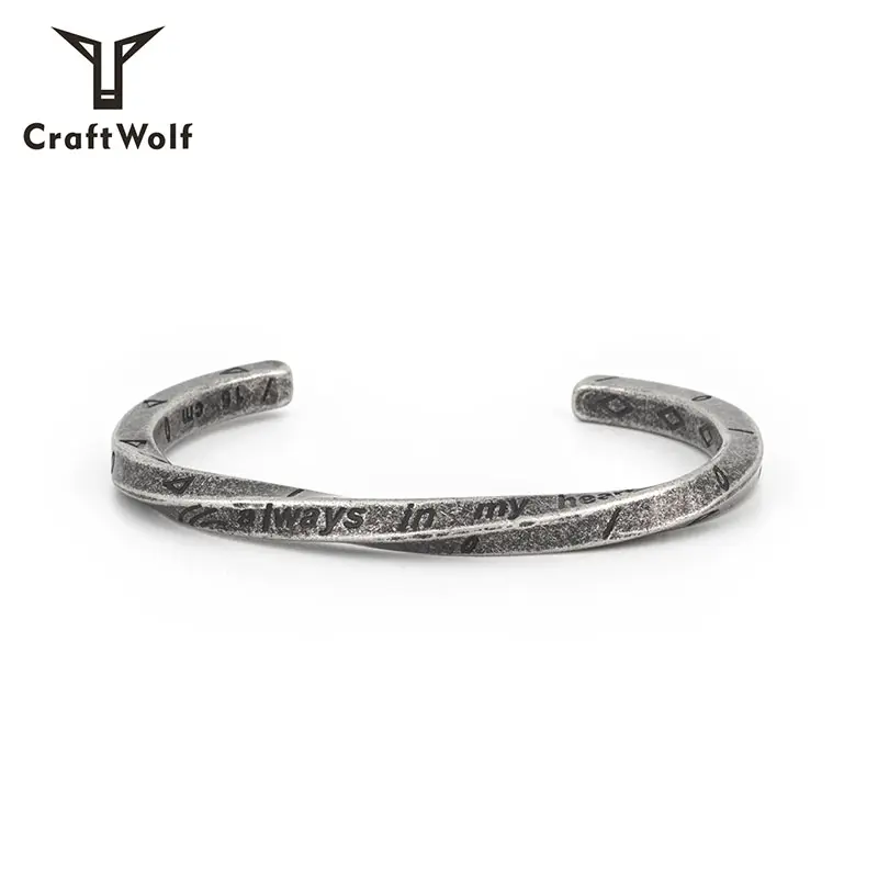 Craft Wolf Đồ Trang Sức Tùy Chỉnh Mens Vintage Bạc Titanium 316L Thép Không Gỉ Viking Twisted Bangle Bracelet