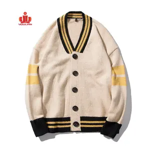 Tùy Chỉnh Sọc Nặng Cáp Logo Quá Khổ Letterman Nhún Vai Màu Xanh Chunky Acrylic Len Dệt Kim Mùa Đông Dài Mens Cardigan