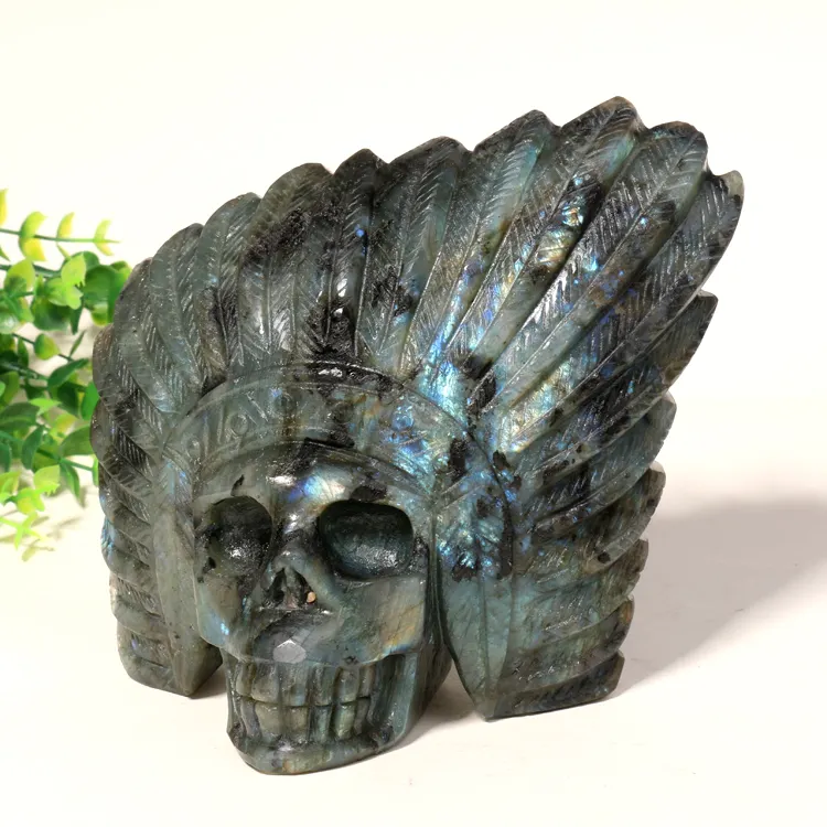 Natural Stone Labradorite Carved Indian Warrior Crystal Skulls For Decoration