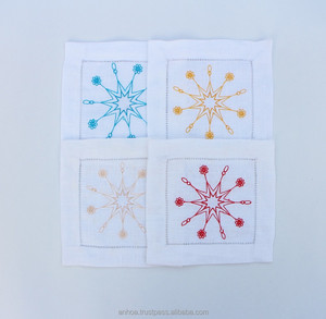 Snowflake Embroidered Paper 1 Ply <b>White</b> 4 <b>Fold</b> Cocktail Napkin Hemstitch <b>Table</b> Napkin - Product Image 1