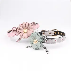 Fashion Big Flower Metal Buckle Pet Custom Dog Collar Cute PU Dog Cat Collar