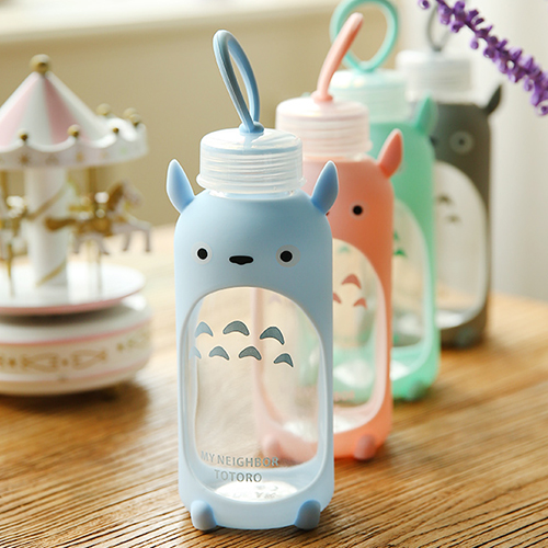 370ml Cute Totoro Cartoon Glass Cup,Travel Water Bottle With Silicone Sleeve.