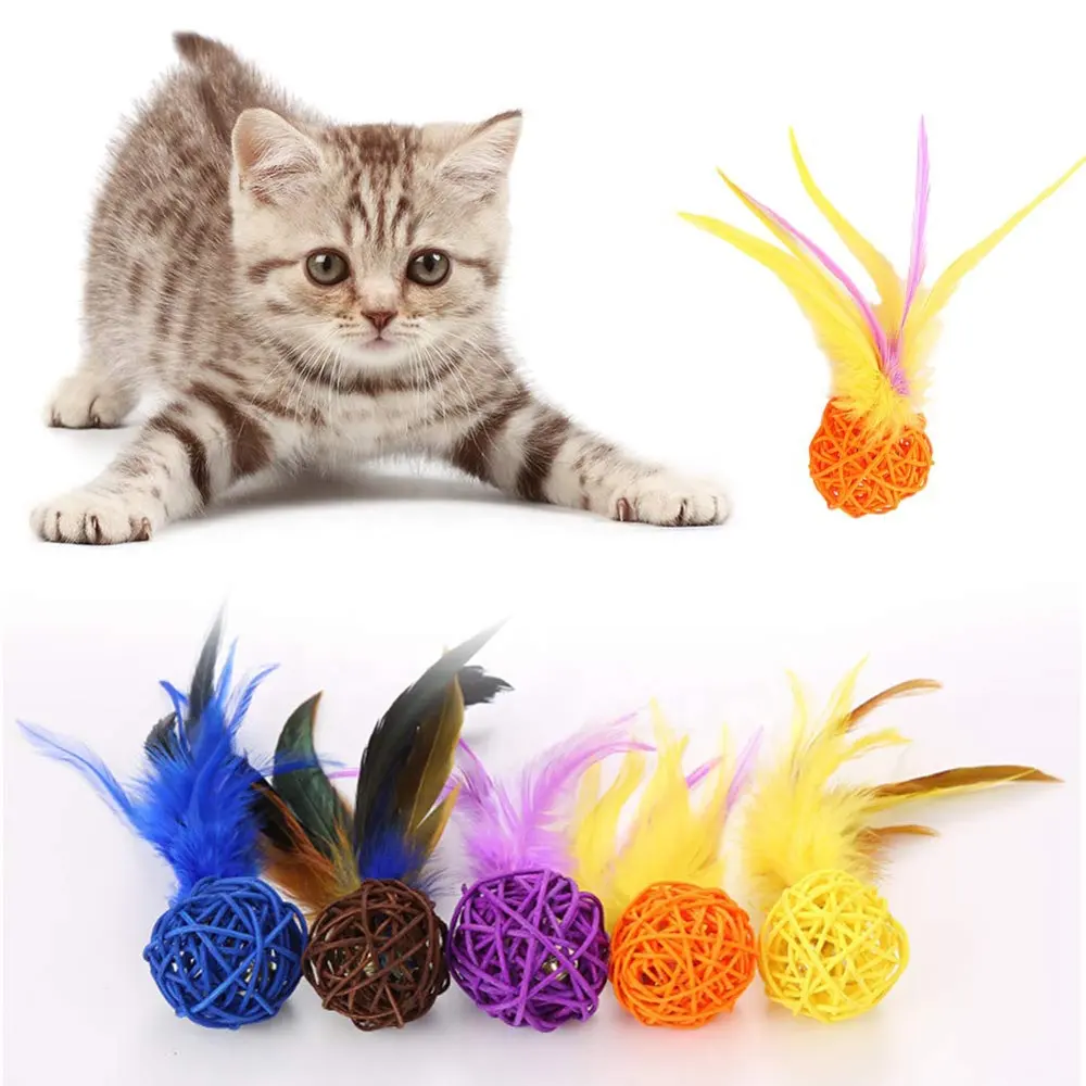 깃털 반지 벨 Playthings 상호 작용하는 cha를 가진 다채로운 등나무 공 고양이 캐치 씹는 장난감, 애완 동물 새끼 고양이 견면 벨벳 놀이 장난감