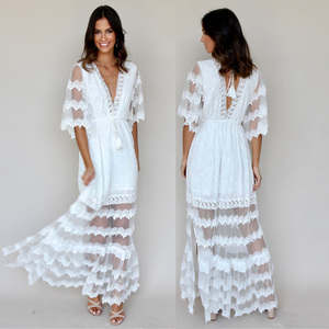 Bianco Donne Del Merletto Del Ricamo Maxi Manica Del Vestito - Product Image 1