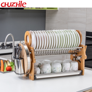Escurridor de cocina de fácil limpieza, cuenco de bambú doble, estante de secado - Product Image 3