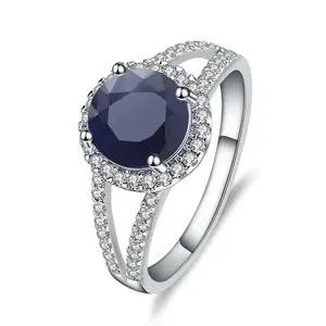 Abiding Luxury Round Natural Blue Sapphire Gemstone Rings 925 Sterling Silver Charm Jewelry for Women Wedding