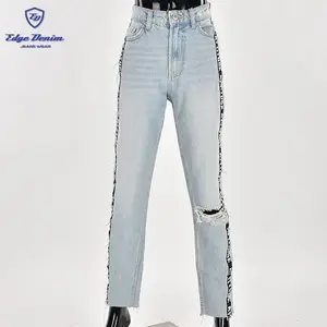 Mode Vrouwen Skinny Black Side Streep Jeans Lichtblauw Denim Dames Jeans Broek Groothandel