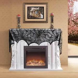 Halloween Black Lace Spider Web Lace Mantle Scarfs With Lighted For Fireplace 18 By 96 Inch