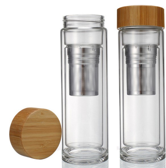 Borosilicate Glass Water Bottle Wide Mouth with Bamboo Lid Double Wall Water Glass Cup