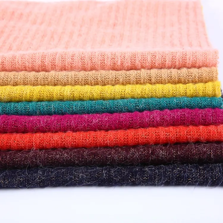स्वेटर मिश्रण कपड़े के लिए गर्म बिक्री ढीला रिब ठोस बुनना एक्रिलिक नायलॉन पॉलिएस्टर जर्सी कपड़े सादा रंगे डिजाइन बुना हुआ तस्वीर