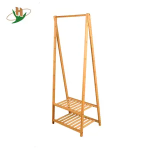 Free standing wooden clothing hanging stand bamboo garment display rack