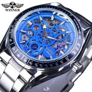 Gewinner Blue Glass Gear Movement Transparente Uhr Luxus Herren 3D Skelett Mechanische Armbanduhr Herren Automatische Armbanduhr