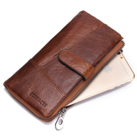 Dompet Pria Kulit Asli Custom Fashion Contact's, Desain Dompet Kartu Panjang dengan Ritsleting, Dompet Ponsel, Clutch untuk Pria