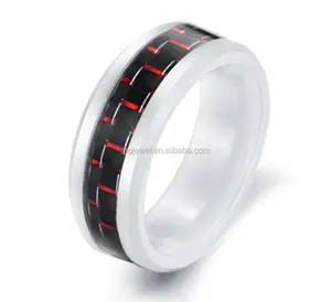 Fashion jewelry white ceramic tungsten rings black&red carbon fiber inlay