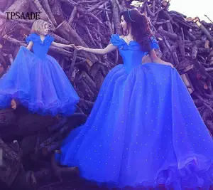 Vestido de baile para festa azul mais novo design, de tule e pérolas, yf052