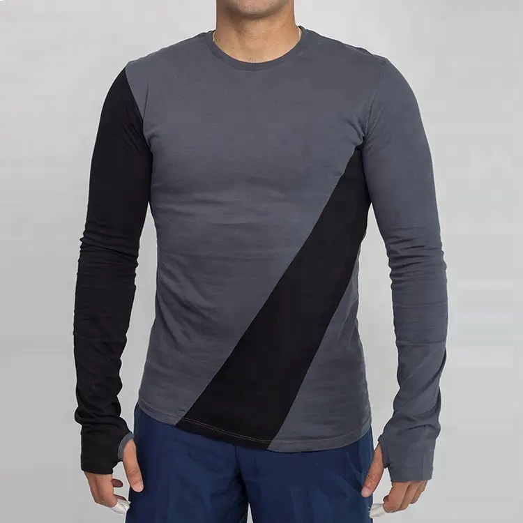 Camiseta esportiva masculina, moda, masculina, de manga comprida, corte de polegar, costura, de algodão pima, estilo de academia