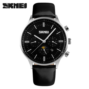 OEM MENS GENUINE black sphere a watch date leather watch with 3 eyes moon phase - Product Image 5