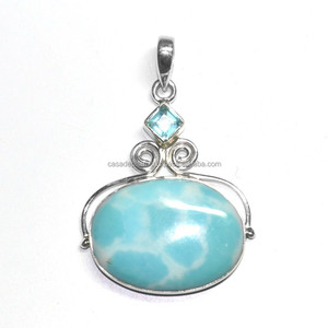 Larimar พลอยบุษราคัมสีน้ำเงินทรงรี,เครื่องประดับจี้เงินแท้925จี้ทำด้วยมือดีไซน์สวยงาม - Product Image 2