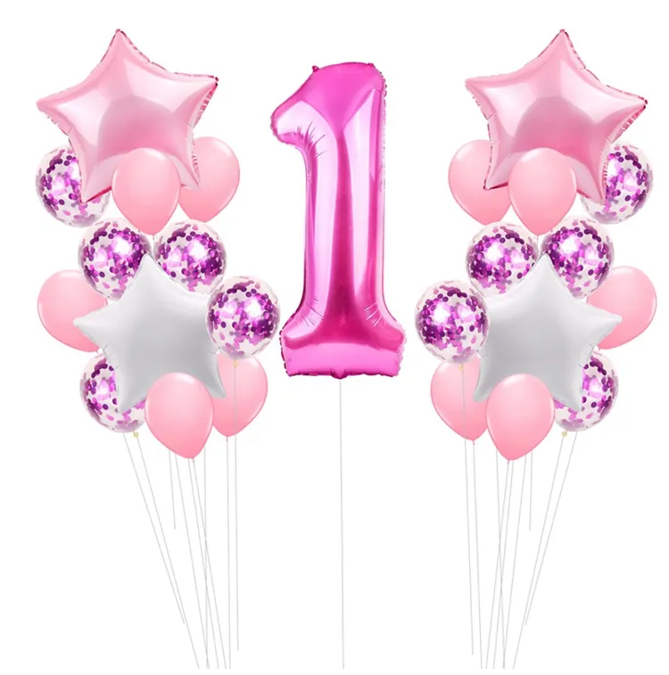 中国のパーティー用品は紙吹雪の1歳の誕生日の装飾が付いているピンクのホイルのラテックスバルーンを支持します