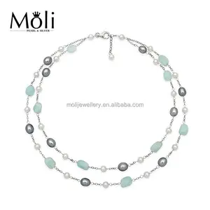 夏季风格双层水晶白色染色灰色淡水珍珠项链与纯银链