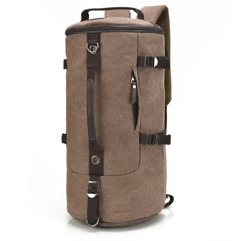 Large capacity high quality vintage retro cylinder outdoor travel shoulder bag crossbody rucksack men canvas bucket backpack