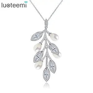 LUOTEEMI Women Daily Wear Casual Style Modern Marquise Cutting Zircon With Waterdrop Pearl Leaf Shape Necklace