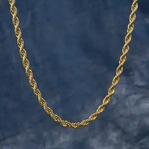 KRKC & CO хип-хоп ожерелье 3 мм 24 дюйма 14K Золотая Мужская Веревка Цепь из нержавеющей стали
