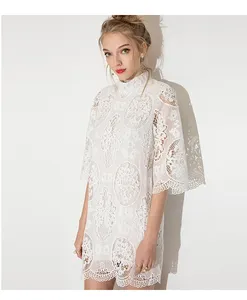 Vestido elegante de meia manga, feminino, reto, estilo doce, cor sólida, vazado, branco, vestido de renda