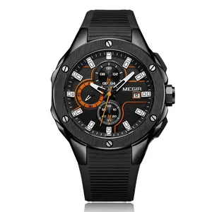 Saat erkek – montre en Silicone noir avec cadran gravé 3D, étanche, Sport, megir, vente en gros, chronographe pour hommes