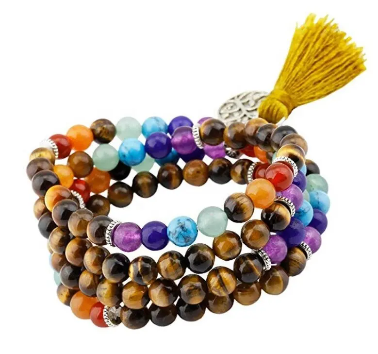 Naturel 6mm Oeil De Tigre 7 Chakra Perles De Prière Mala 108 Méditation Guérison Bracelet/Collier avec Arbre de Vie Gland Charme