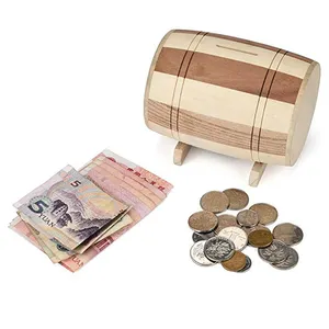 wooden barrel shape piggy bank money saving coin box for gifts