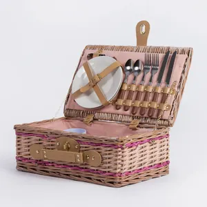 Rattan Willow Hand Woven Crafts Decorative Pink 2 Person Food Fruit Storage Hamper Small Gift Wicker Picnic Set Baskets With Lid