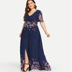 <span class=keywords><strong>Robe</strong></span> Maxi style bohème pour femmes, grande <span class=keywords><strong>taille</strong></span>, col en v, <span class=keywords><strong>taille</strong></span> haute, imprimé Floral bleu marine, collection - Product Image 3