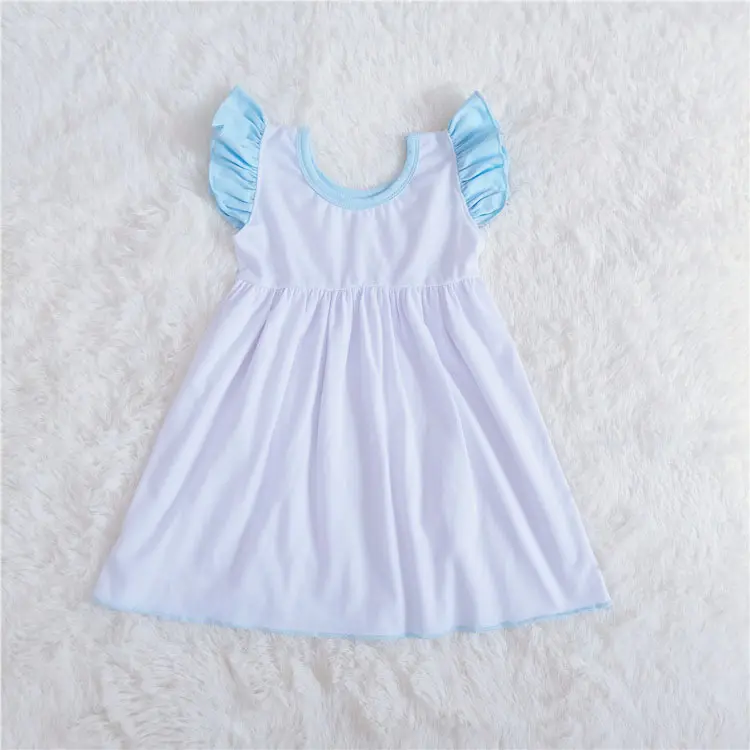 White blue Flutter Sleeve Dress children Girls latest style Party Dress children 100% cotton clothing Girl Cute Dress Hot Sale